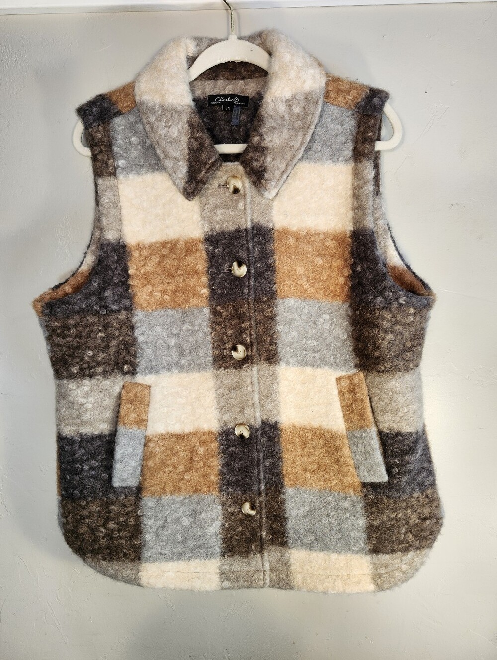 CHARLIE B Plaid Button Front Vest - Brown, Gray, Cream